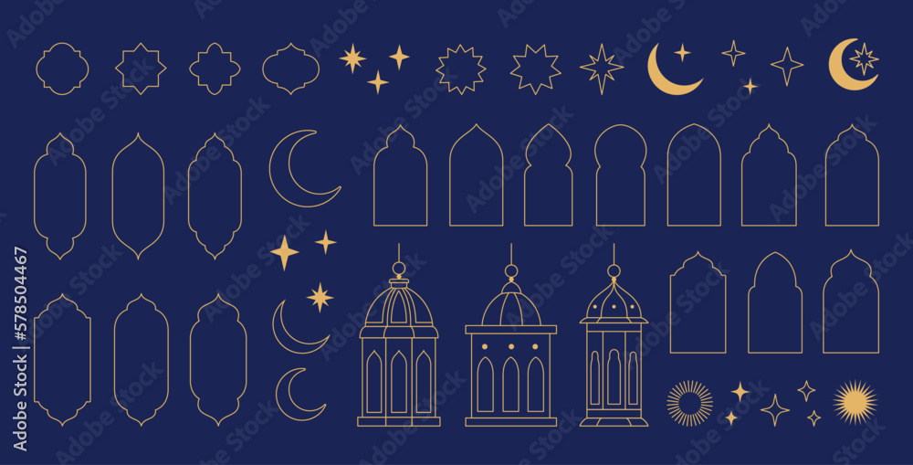 Collection of elements in the oriental style of Ramadan Kareem and Eid Mubarak, Islamic windows,  arches, stars and moon, mosque doors, mosque domes and lanterns. - obrazy, fototapety, plakaty 