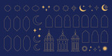 Collection of elements in the oriental style of Ramadan Kareem and Eid Mubarak, Islamic windows, arches, stars and moon, mosque doors, mosque domes and lanterns.