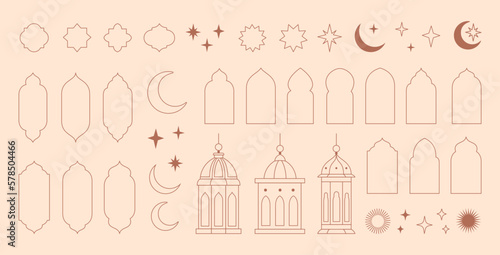 Collection of elements in the oriental style of Ramadan Kareem and Eid Mubarak, Islamic windows,  arches, stars and moon, mosque doors, mosque domes and lanterns.