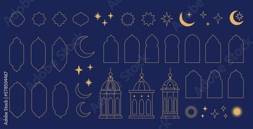 Fotobehang Collection of elements in the oriental style of Ramadan Kareem and Eid Mubarak, Islamic windows,  arches, stars and moon, mosque doors, mosque domes and lanterns