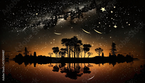 small island in the lake  many stars in the sky reflected in the water