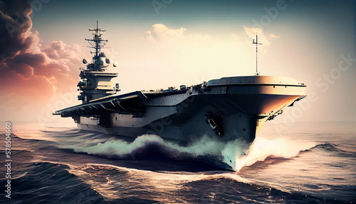 Fotografia Military aircraft carrier ship sailing on sea. Generative AI