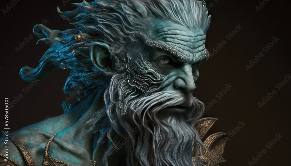 a statue of the god of the seas, long white beard a statue of the god of the seas, long white beard