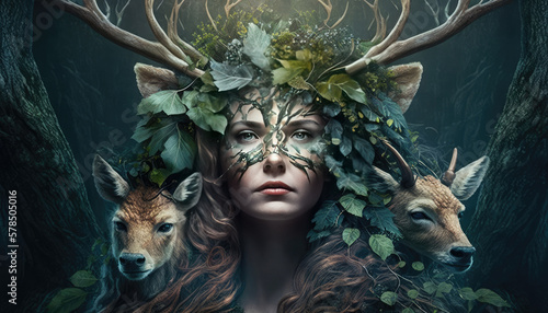 a forest goddess and two deer