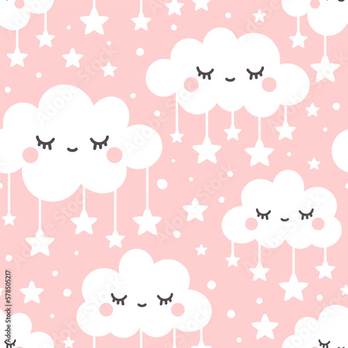 Girly clouds with eyes and lashes pink sky with stars, cute background seamless pattern for baby room decor, lamp shade and fabric, textile. Vector abstract repeat with sleepy clouds.