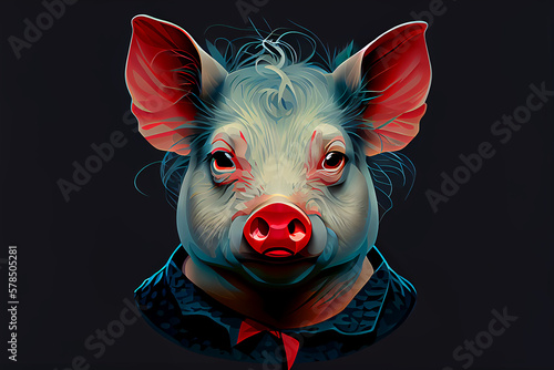 Illustration of a pig with lipstick on. Generative AI.