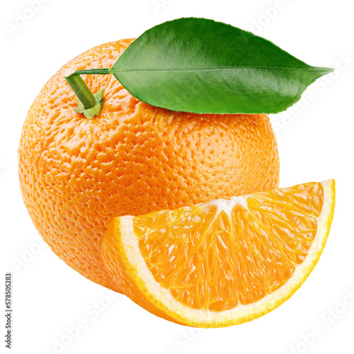 Ripe whole orange citrus fruit with green leaf and slice isolated on transparent background. Full depth of field.