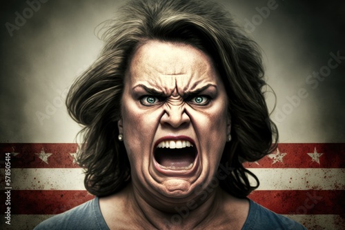 Angry mature american woman screaming. at you. Generative AI photo