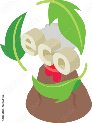 Active volcano icon isometric vector. Inscription eco in leaf cycle over volcano. Volcanic eruption, geological natural disaster