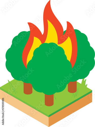 Forest fire icon isometric vector. Burning green deciduous tree on land plot. Natural disaster, ecological catastrophy, wildfire