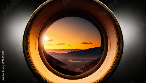 view through a small window into a mountain landscape at sunset