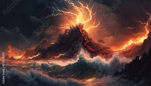 a storm over an island, high waves, fire