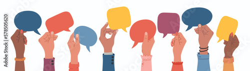 Human hands holding speech bubbles, people exchange ideas. Team cooperation and communication. Hand drawn vector vector illustration isolated on white background. Modern flat cartoon style.