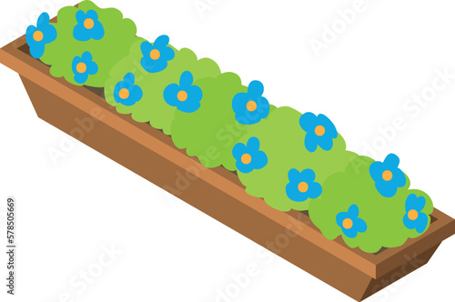 Rectangular flowerbed icon isometric vector. Balcony flower bed with blue flower. Ornamental plant, balcony landscaping