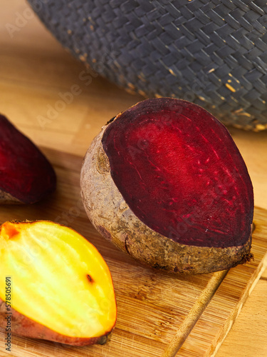 Fresh cut red beetroot and yellow beetroot