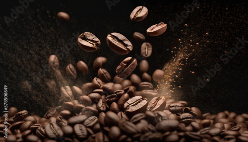 Falling delicious coffee beans on black background. Based on Generative AI