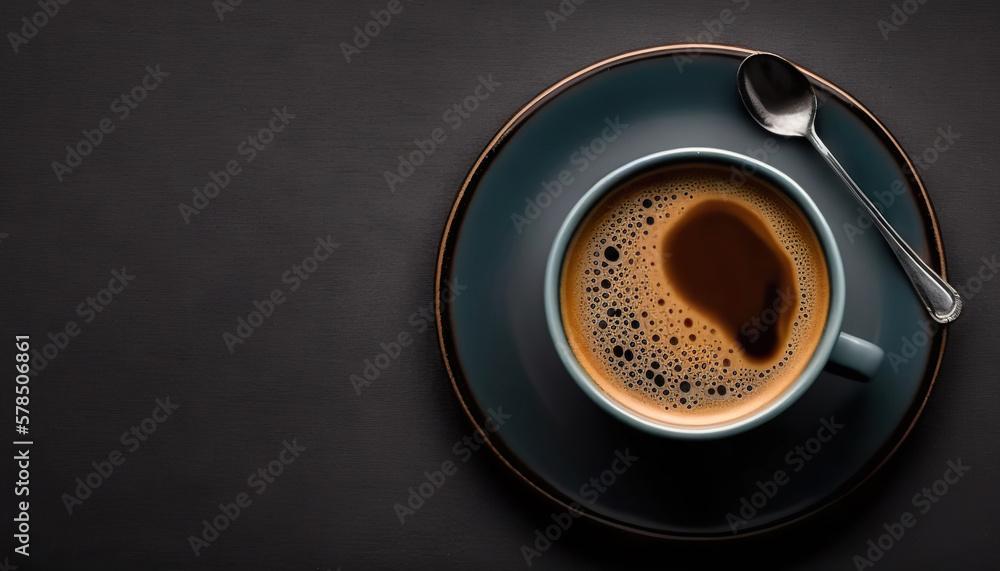 Cup of delicious coffee on sark background, view from above. Copy space. Based on Generative AI - obrazy, fototapety, plakaty 