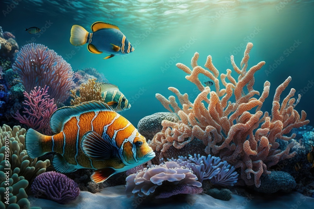 Coral reef in the sea with fish. AI generated, human enhanced. Background with selective focus Coral reef in the sea with fish. AI generated, human enhanced. Background with selective focus