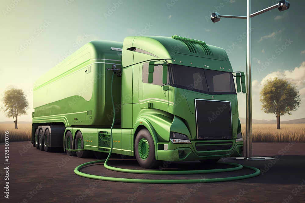 Electric truck standing by the charging station, green eco friendly ...