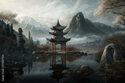Fantasy landscape. Chinese style. Fairy tale atmosphere. AI generated
