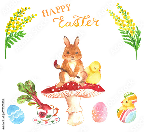Clipart of little bunny holding a brush and painting eggs with juice of beetroot