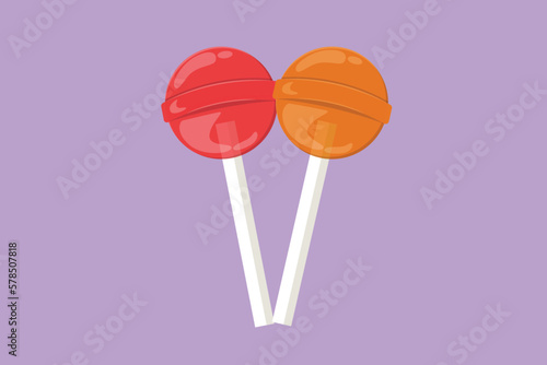Cartoon flat style drawing sweet delicious online round lollipop candy shop logo emblem. Confectionery store logotype template icon for flyer, sticker, card, symbol. Graphic design vector illustration