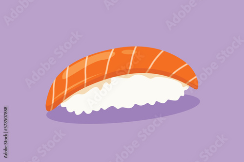 Character flat drawing of fresh delicious Japanese nigiri sushi bar restaurant logo emblem. Japan sea food shop logotype template for cafe or food delivery service. Cartoon design vector illustration
