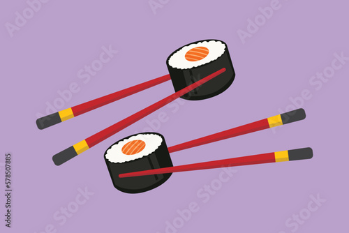 Graphic flat design drawing fresh delicious Japanese sushi maki bar with chopstick restaurant logo emblem symbol. Japan seafood cafe shop logotype template concept. Cartoon style vector illustration
