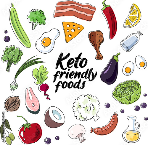 Vector illustration with meats and vegetables, displaying keto friendly foods