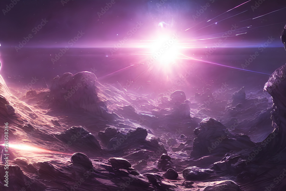 Landscape of an alien planet, purple colour sun and mountains, 3d illustration of fictional other world, science fiction background. Generative Ai.