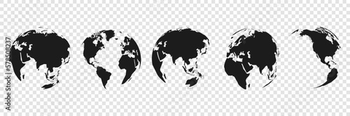  Stock Vector Set of the world map with transparent background, featuring the continents of Asia, Africa, America, and Europe - perfect for travel concepts. Globe map icon.Earth globe hemispheres icon