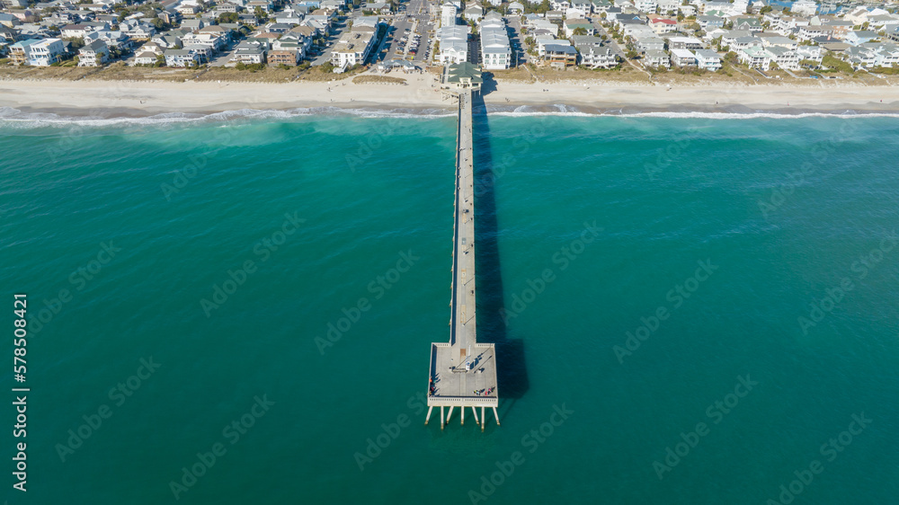 Aerial view of the Crystal Pier in Wrightsville Beach, North Carolina.