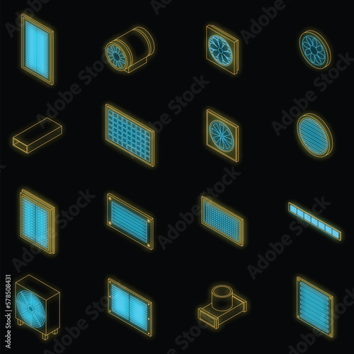 Ventilation icons set. Isometric set of ventilation vector icons neon olor on black