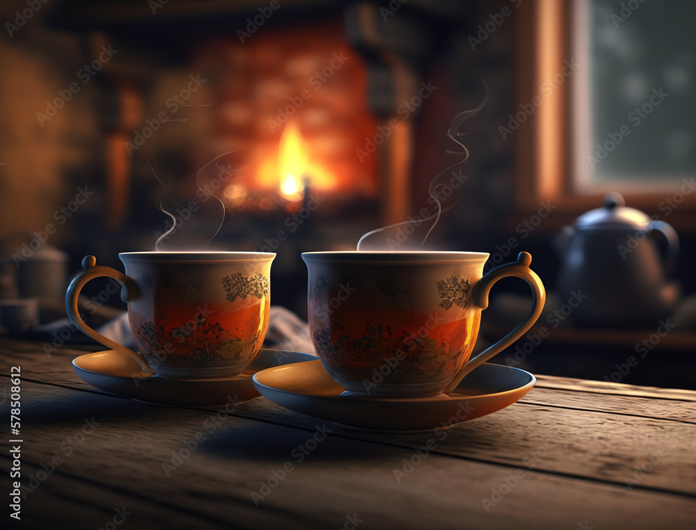 Two cups of steaming hot tea in front of fireplace. The concept of home warmth and comfort. AI generated Two cups of steaming hot tea in front of fireplace. The concept of home warmth and comfort. AI generated