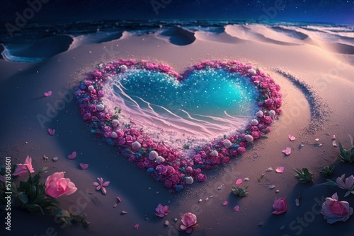 Symbolic heart on a sandy island. Love concept. AI generated