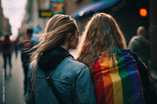 Two women at the LGBT parade with a rainbow flag. View from the back. AI generated