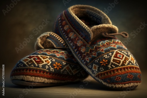 Warm wool slippers, selective focus. AI generated