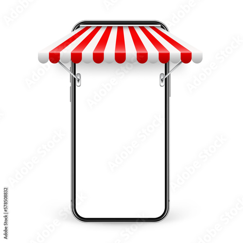 Smartphone with shop sunshade and metal mount, online internet shopping. Realistic red striped cafe awning. Outdoor market tent. Roof canopy. Summer street store. Vector illustration