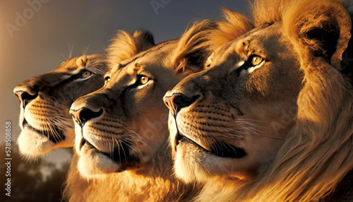 3 lions seen in profile in their natural habitat, AI generated