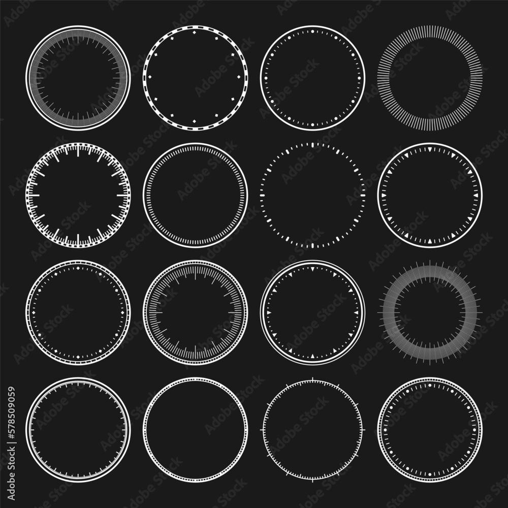 Mechanical clock faces, bezel. White watch dial with minute and hour marks. Timer or stopwatch element. Blank measuring circle scale with divisions. Vector illustration. Mechanical clock faces, bezel. White watch dial with minute and hour marks. Timer or stopwatch element. Blank measuring circle scale with divisions. Vector illustration.