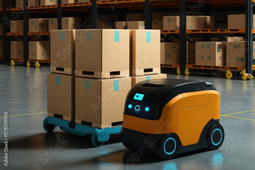 Illustration of AVG robot in a warehouse next to a pile of boxes he has to put away