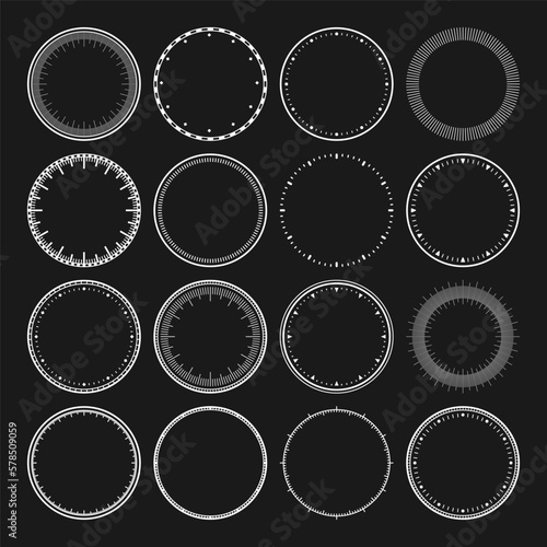 Mechanical clock faces, bezel. White watch dial with minute and hour marks. Timer or stopwatch element. Blank measuring circle scale with divisions. Vector illustration.