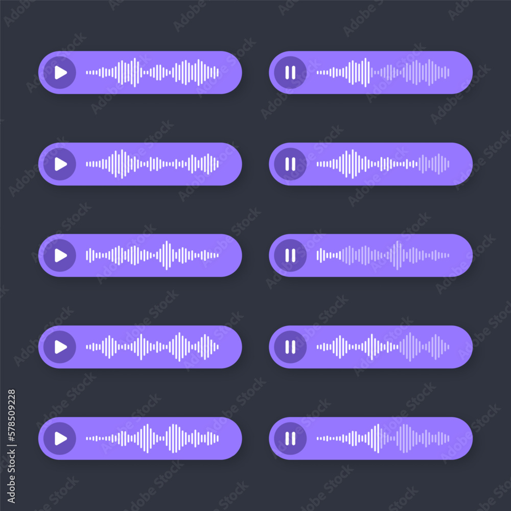 Voice, audio message, speech bubble. SMS text frame. Social media chat or messaging app conversation. Voice assistant, recorder. Sound wave pattern. Dark mode. Vector illustration Voice, audio message, speech bubble. SMS text frame. Social media chat or messaging app conversation. Voice assistant, recorder. Sound wave pattern. Dark mode. Vector illustration