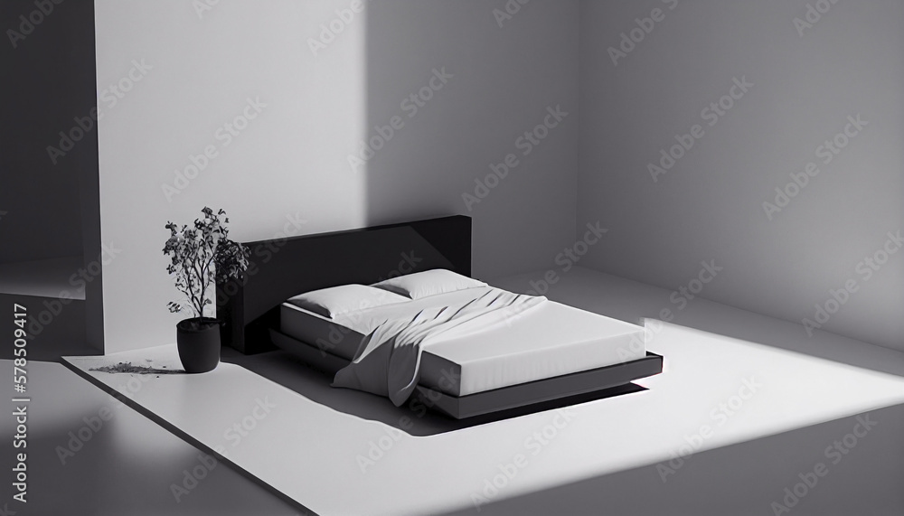 Modern room with minimalist design in black and white environment. Empty double mattress in a large spacious bedroom with no people. Large bed for two in a spacious room with blank wall. Ai generated