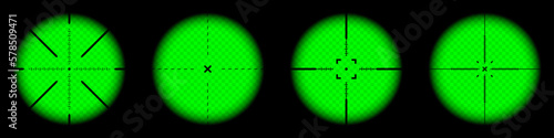 Various weapon night sights, sniper rifle optical scopes. Hunting gun viewfinder with crosshair. Aim, shooting mark symbol. Military target sign, silhouette. Game UI element. Vector illustration