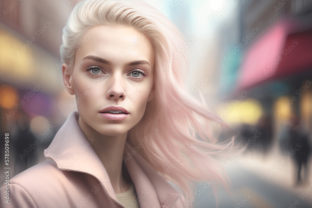 Young dreamy woman in pastel color shades, fictitious person. AI generated image Young dreamy woman in pastel color shades, fictitious person. AI generated image