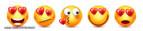 Cartoon emoji with hearts, emoticons collection. Yellow face with emotions, mood. Facial expression, realistic emoji. Sad, happy, angry faces. Funny character with smiling face. Vector illustration