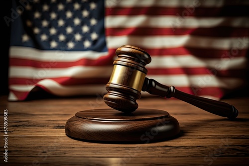 Justice system in America - Wooden gavel in front of American flag