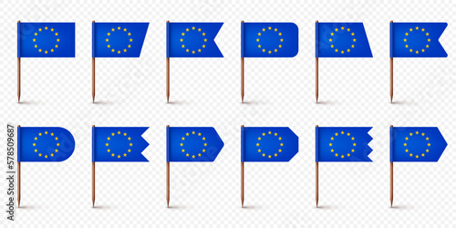 Realistic various European toothpick flags. Souvenir from Europe. Wooden toothpicks with paper flag. Location mark, map pointer. Blank mockup for advertising and promotions. Vector illustration