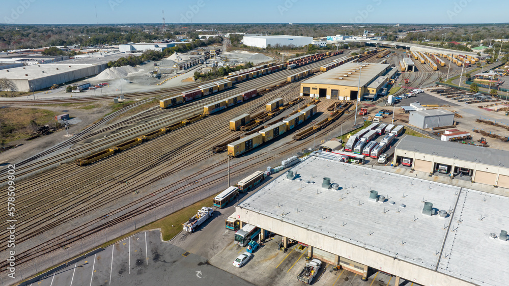 Aerial view of train tracks, trains, cargos. Aerial view of train tracks, trains, cargos.